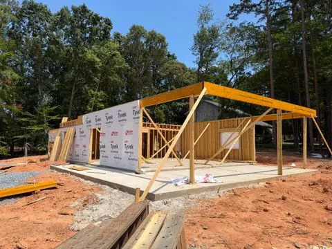 Roof structure framed over a poured slab at the Allendale build