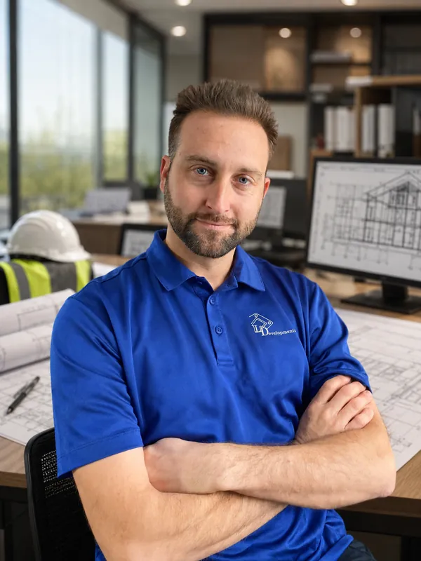 Ben Levite, founder of Lev Developments, at his desk with house plans
